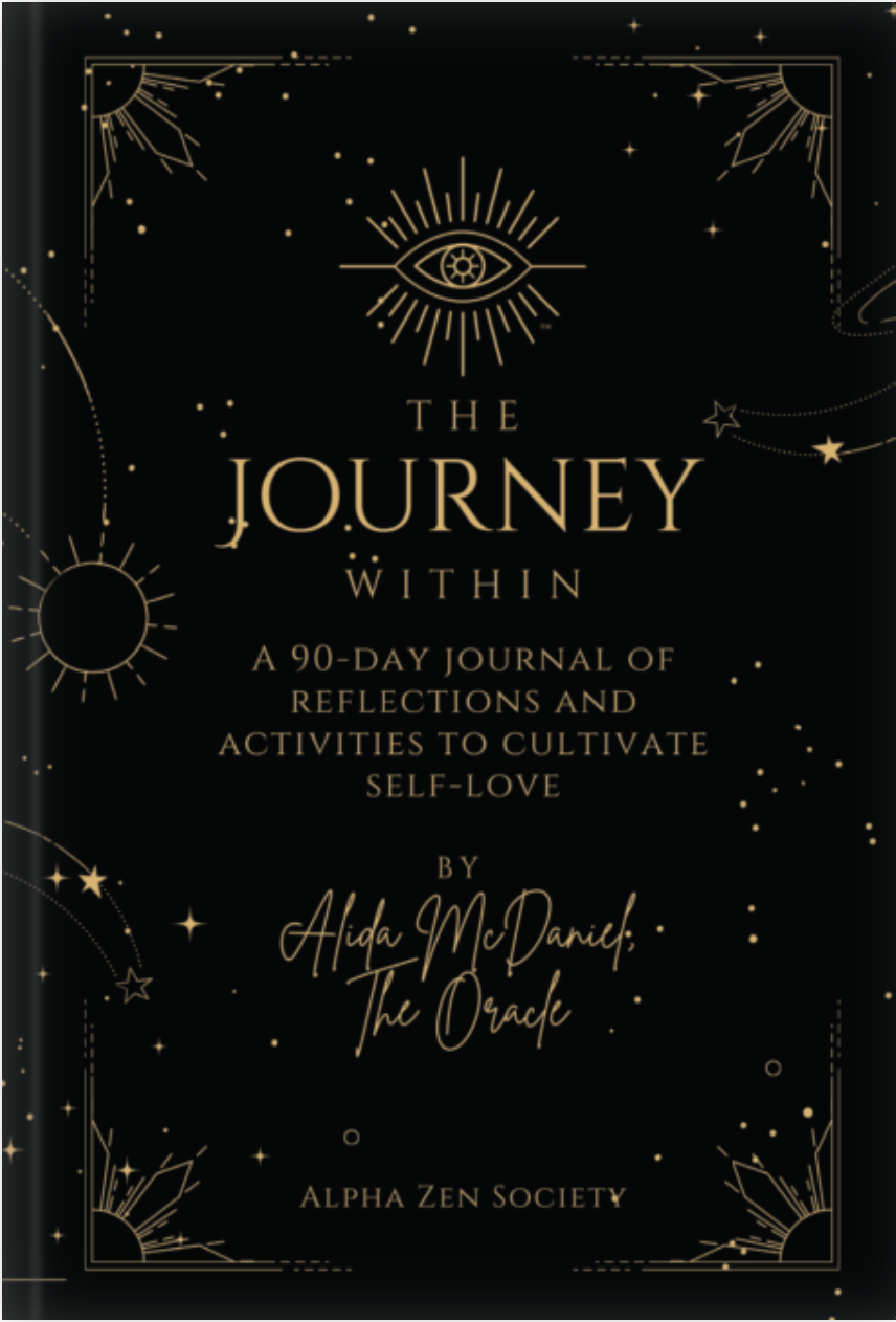The Journey Within, 90 day journal, black cover, gold graphics, by Alida McDaniel, Alpha Zen Society