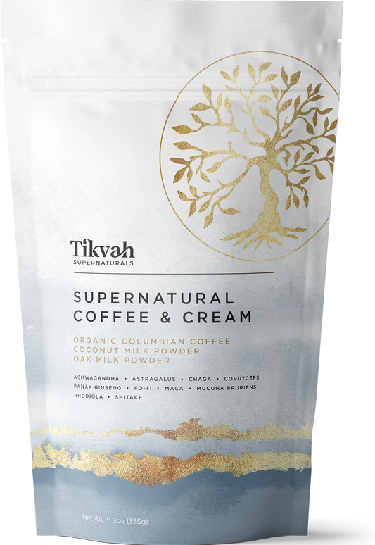 Tikvah Supernaturals Coffee & Cream package with gold tree design on a white background