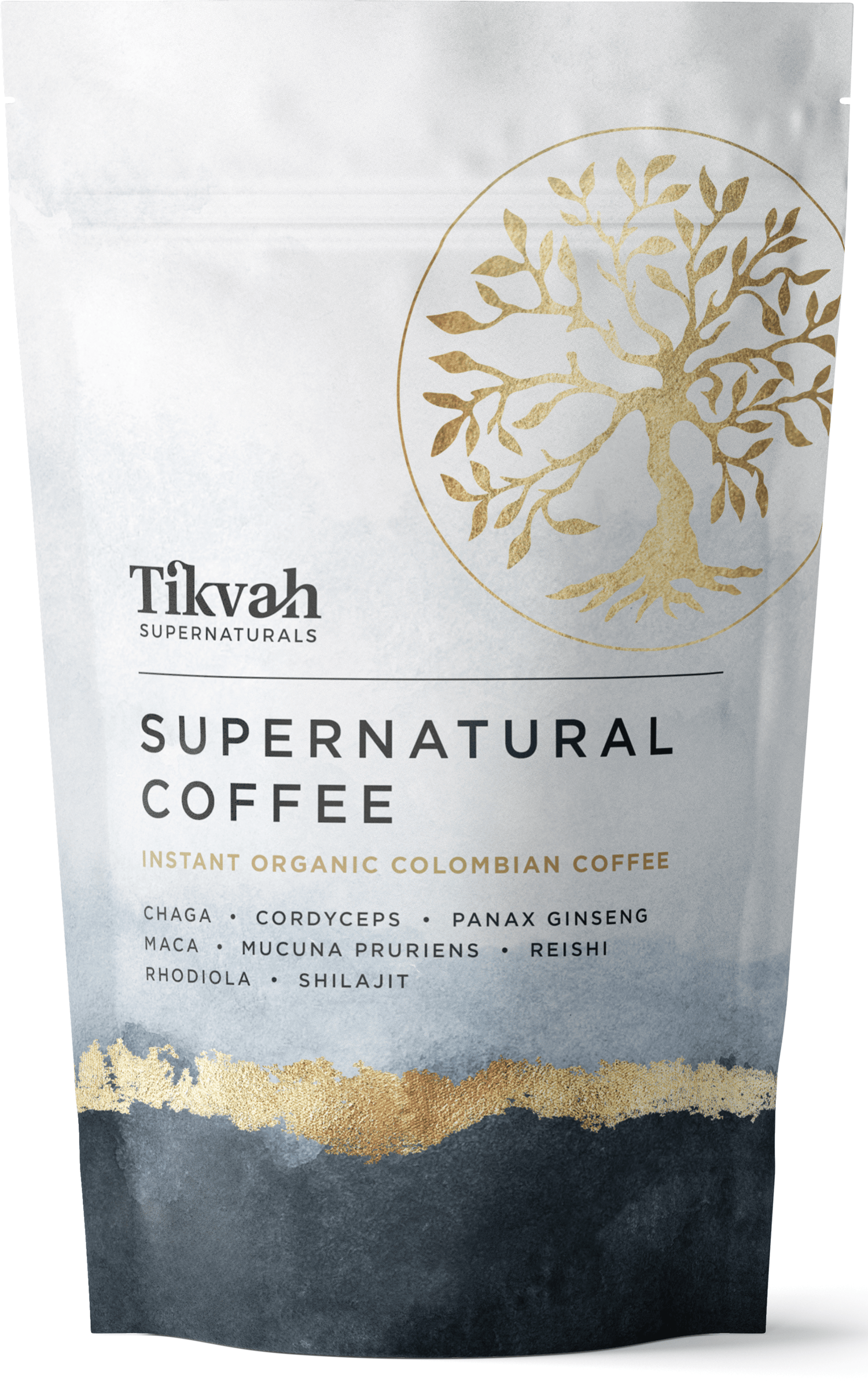 Tikvah Supernaturals Supernatural Coffee with adaptogens package with a gold tree design on a white background